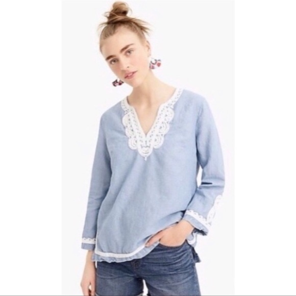 Point Sur J. Crew Blue White Linen Cotton Blend Blouse Size XS - Picture 2 of 12